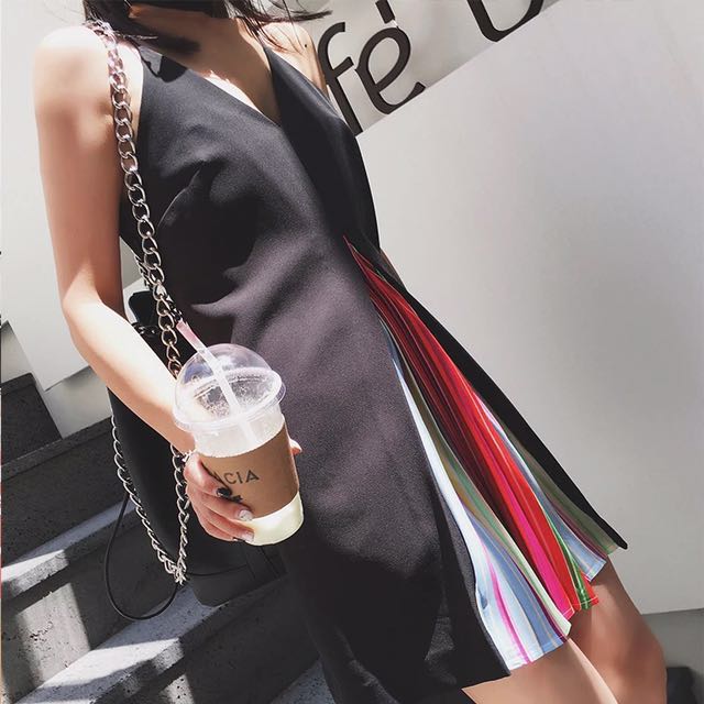Hidden Rainbow Pleat Spaghetti Black A Line Dress