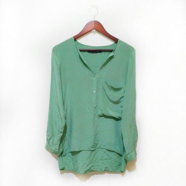 zara green silk shirt