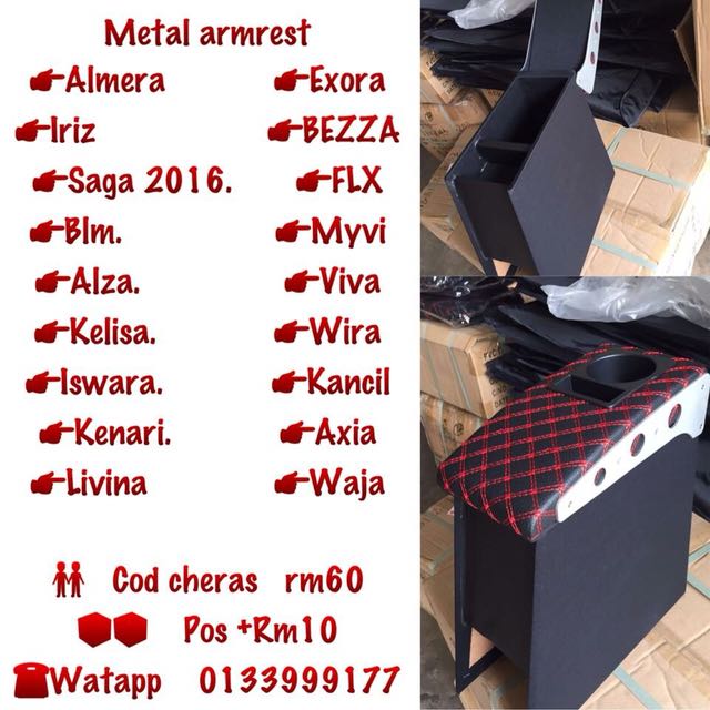 Armrest (Category: Auto Accessories) located in Kuala Lumpur. Submitted by chuaacc (Listing ID 132314270, Image 3). Description: Metal armrest 👉Almera 👉Exora 👉Iriz 👉FLX 👉Blm 👉Myvi 👉Alza 👉Viva 👉Kelisa 👉Wira 👉Iswara 👉Kancil 👉Kenari 👉Axia 👉Livina 👉Waja 👬Cod cheras rm60 📦📦Pos +Rm10 ☎️Watapp 0133999177 Pls like 💯👍👍👍👍 https://m.facebook.com/Chua-car-accessories-product-656216964518271/.