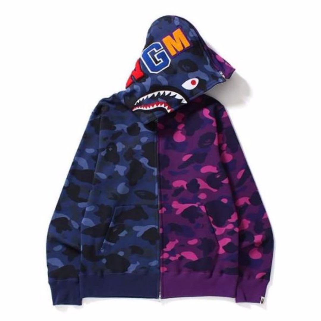 [BAPE] 1st Camo Half Shark Full Zip Hoodie - Navy/Purple, Men's Fashion, Clothes on Carousell