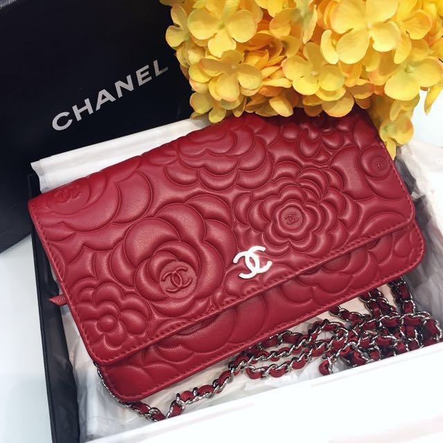 Chanel Camellia Raspberry Red Lambskin Chain Shoulder Bag