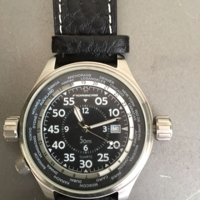 WORLD GMT TIMER (Category: Wearables & Smart Watches) located in Singapore. Submitted by pwilliam0126 (Listing ID 132555182, Image 3). Description: Brand: FIORBERG Watch Style: Military Watches Watch Movement: Quartz Strap Type: Leather Dial Type: Analog.