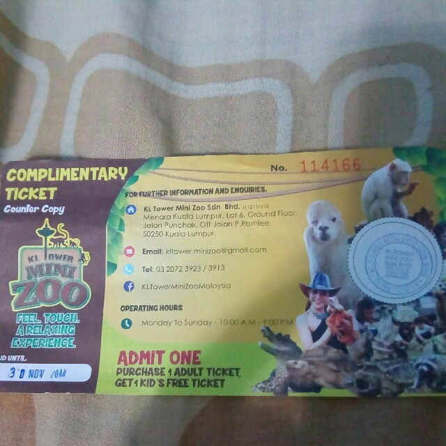 Complimentary Ticket Kl Tower Mini Zoo Tickets Vouchers Attractions Tickets On Carousell