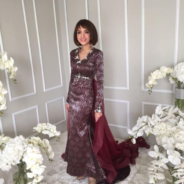 Maroon Songket Reception Dress Bride Groom Set