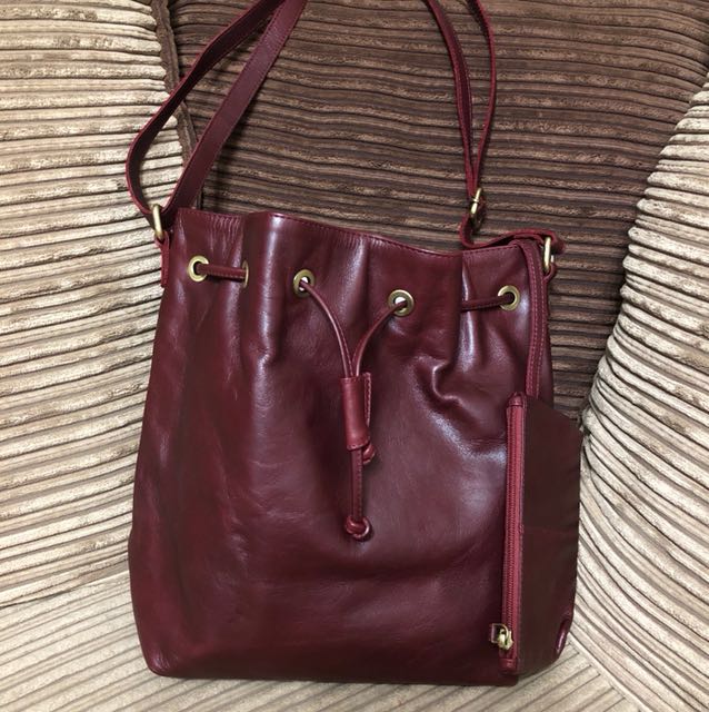burgundy leather bucket bag