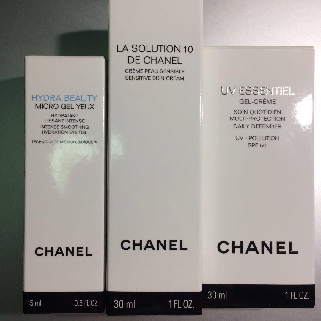 Chanel Skin Care - La Solution 10 30ml, Hydra Beauty Micro Eye Gel 15 ml,  UV Essentiel Gel-Creme SPF 50 30ml, Beauty & Personal Care, Bath & Body,  Body Care on Carousell