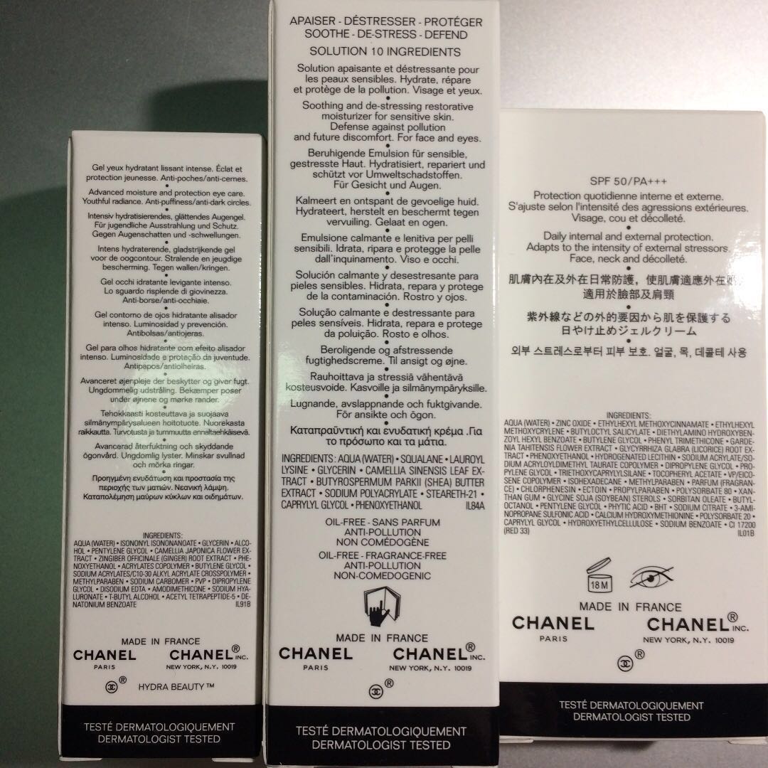 Chanel Skin Care - La Solution 10 30ml, Hydra Beauty Micro Eye Gel 15 ml,  UV Essentiel Gel-Creme SPF 50 30ml