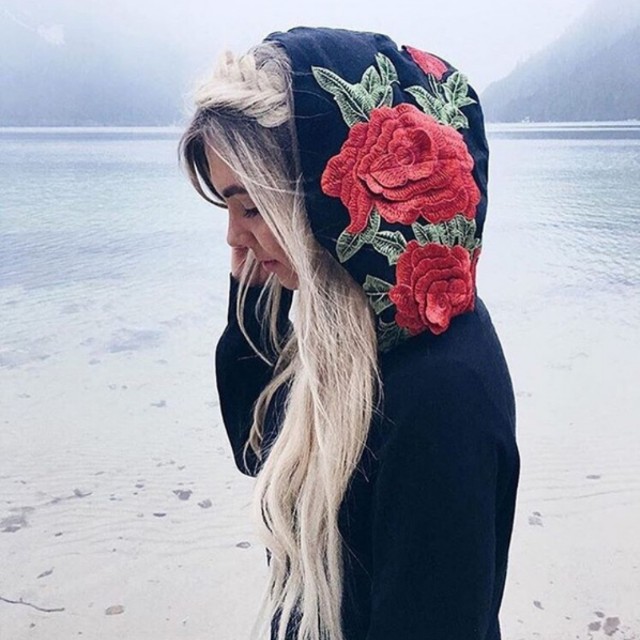 Black Hoodie Rose Embroidery Women s Fashion Coats Jackets and Outerwear on Carousell
