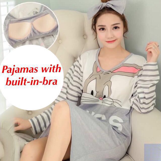 Instock) Women's pajamas / nightwear with built-in-bra/ shelf bra, Women's  Fashion, New Undergarments & Loungewear on Carousell