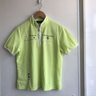 日本 金企鵝 Munsingwear粉綠白滾邊網眼透氣排汗立領短袖上衣
