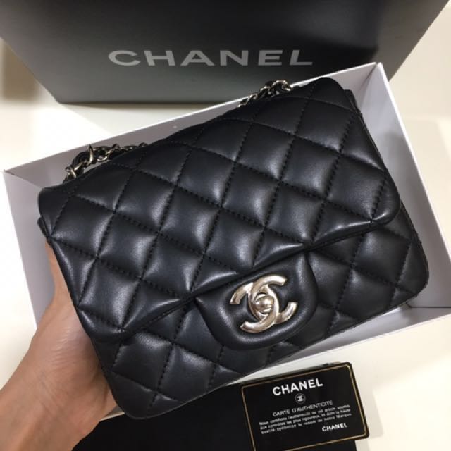 SOLD) Chanel Classic Square Mini in Black Lambskin with Shiny Silver  Hardware, Luxury, Bags & Wallets on Carousell