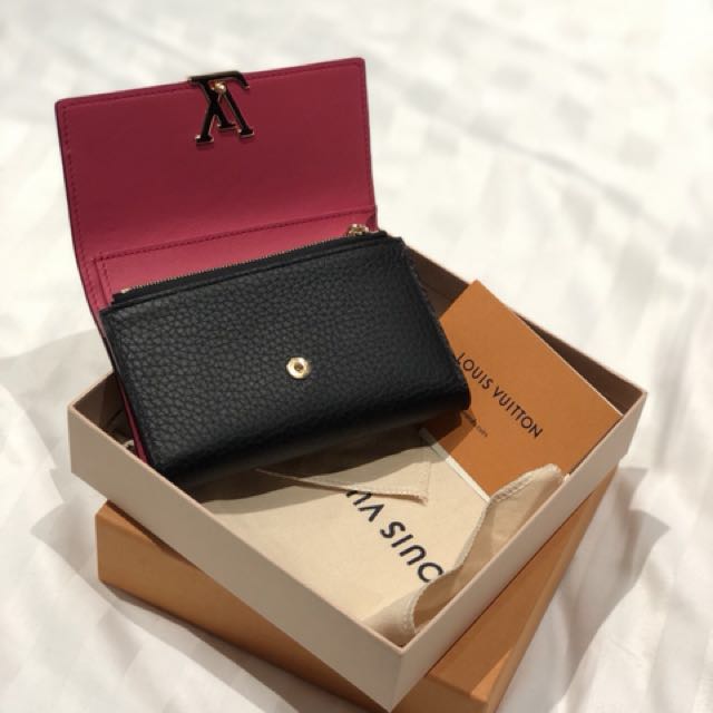 AUTHENTIC Louis Vuitton PORTEFEUILLE CAPUCINES COMPACT Wallet (Black  Outside and Gorgeous Pink Inner Lining), Luxury, Bags & Wallets on Carousell