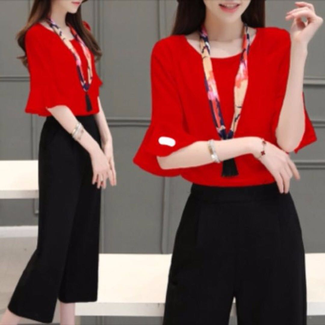 Red top with black pants clearance