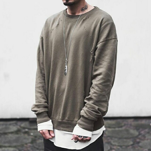 like YEEZY SEASON 3 Oversized Ripped Sweater Fesyen Pria Pakaian di Carousell