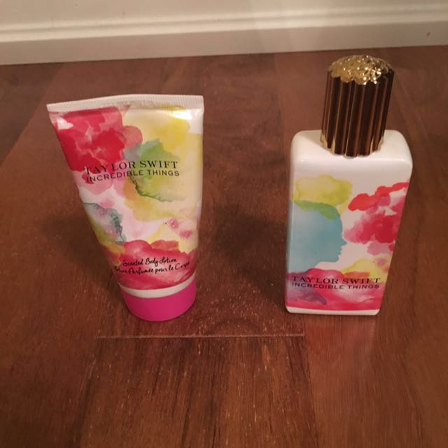 Taylor swift incredible things Eau de parfum and scented body lotion (Category: Fragrance) located in Mississauga. Submitted by mya_o (Listing ID 124706856, Image 1). Description: 50 ml (1.7 fl.oz) Taylor swift incredible things Eau de parfum and scented body lotion. Used two sprays of perfume and used 4 squeezes of the body lotion-still lots of product left. .