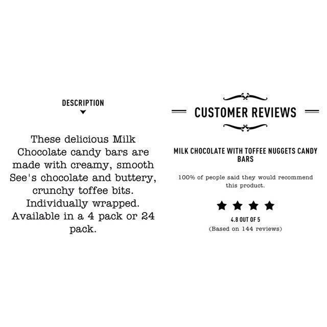 See's Candies Milk Chocolate with Toffee Nuggets Candy Bars 4 pack Perfect Gift for love ones