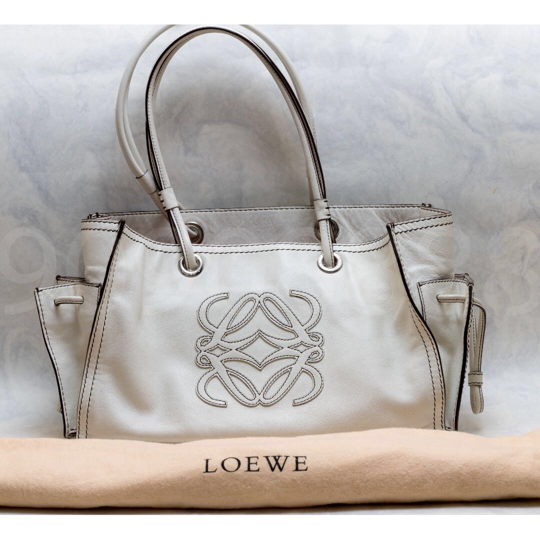 Loewe Crown Logo Stitch Women's Leather Shoulder Bag,Tote Bag White  BF554129