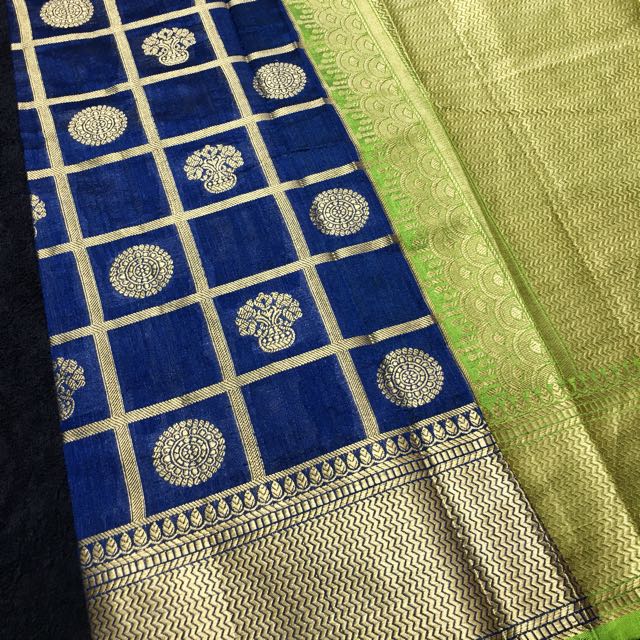 Navy blue cotton silk saree with lime green/gold border. SGD 70, Women ...