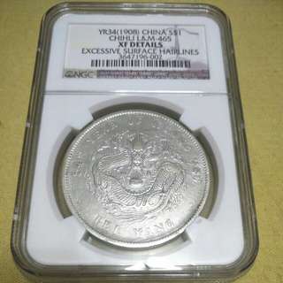 China Silver Dollar Coin Chihli Year 1908 NGC Graded