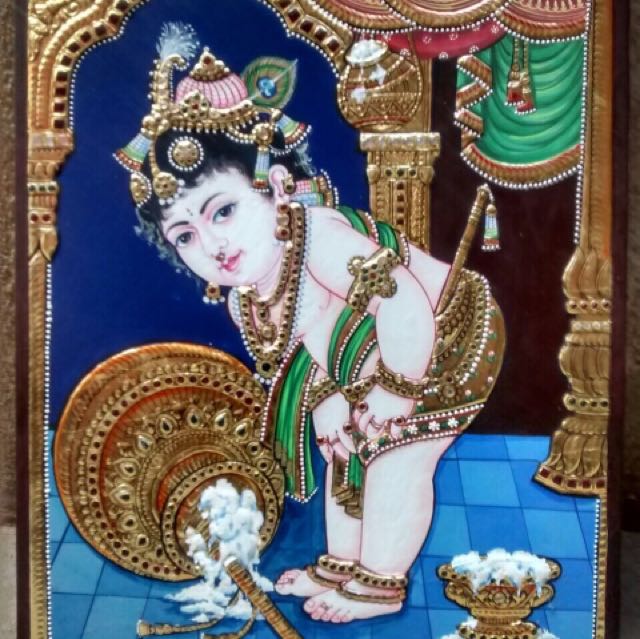 Butter Krishna Tanjore Painting Vintage Collectibles Religious