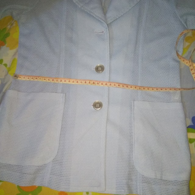 Blue Blazer (Category: Coats, Jackets and Outerwear) located in San Fernando. Submitted by khernan (Listing ID 135021645, Image 3). Description: Brand: Unbranded (Free size) Measurements when laid flat: Bust: 44 cm Waist: 40 cm Length: 62 cm Flaws: Missing one button (see photos) #HappyCarouween.