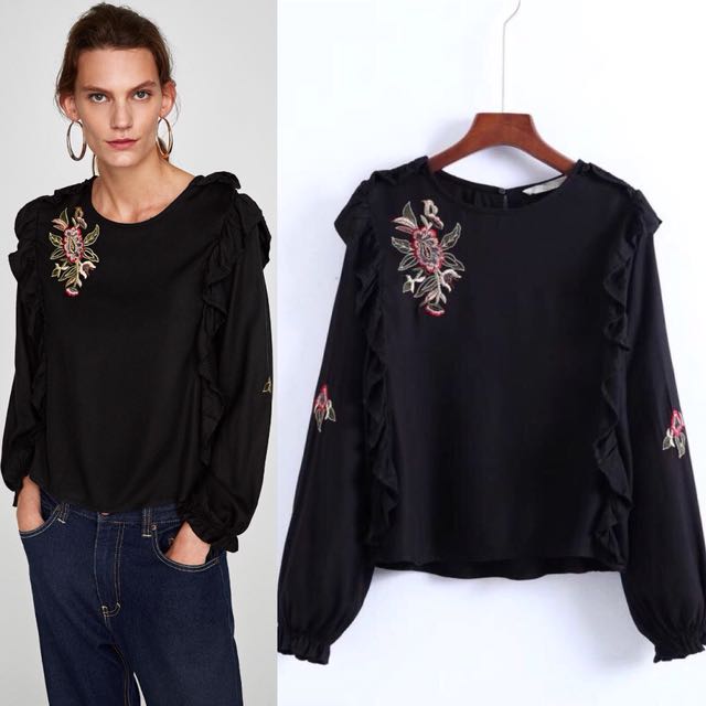 zara long embroidered blouse