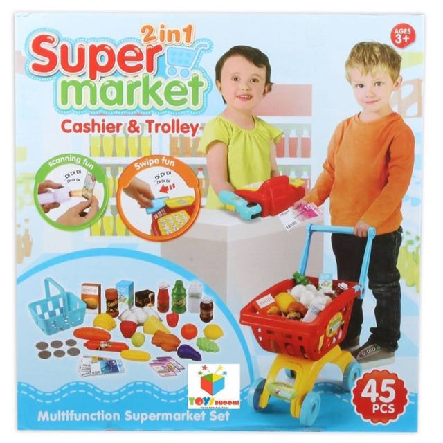 toy supermarket set with shopping trolley