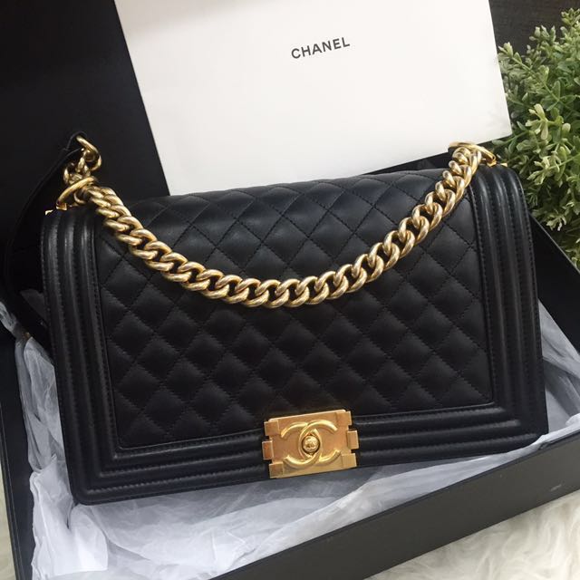 SOLD Like New Chanel Le Boy New Medium Flap Bag In Black Calfskin and ...