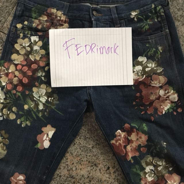 Gucci Flower Hand Painted Jeans, Men's Fashion, Bottoms, Jeans on 