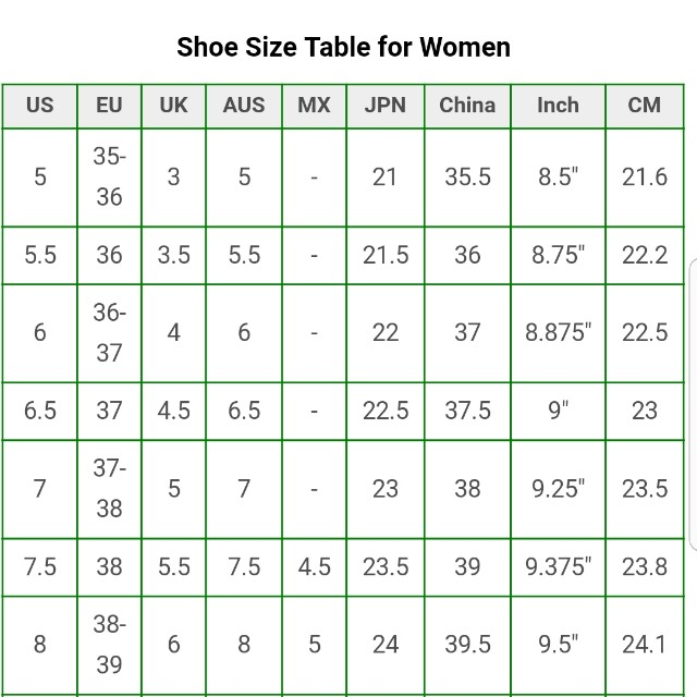 women shoe size table