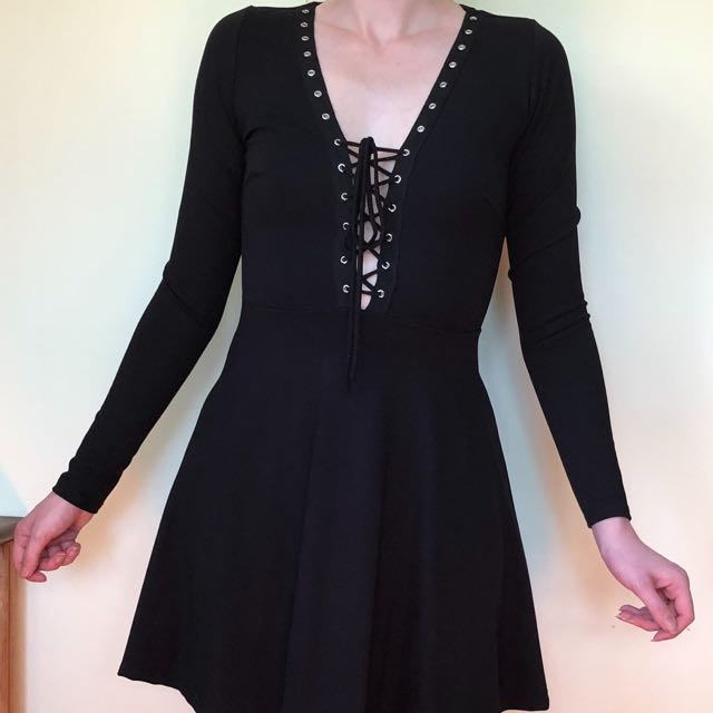 Gypsy Warrior Lace Up Black Mini Dress V Neck Size S Women S