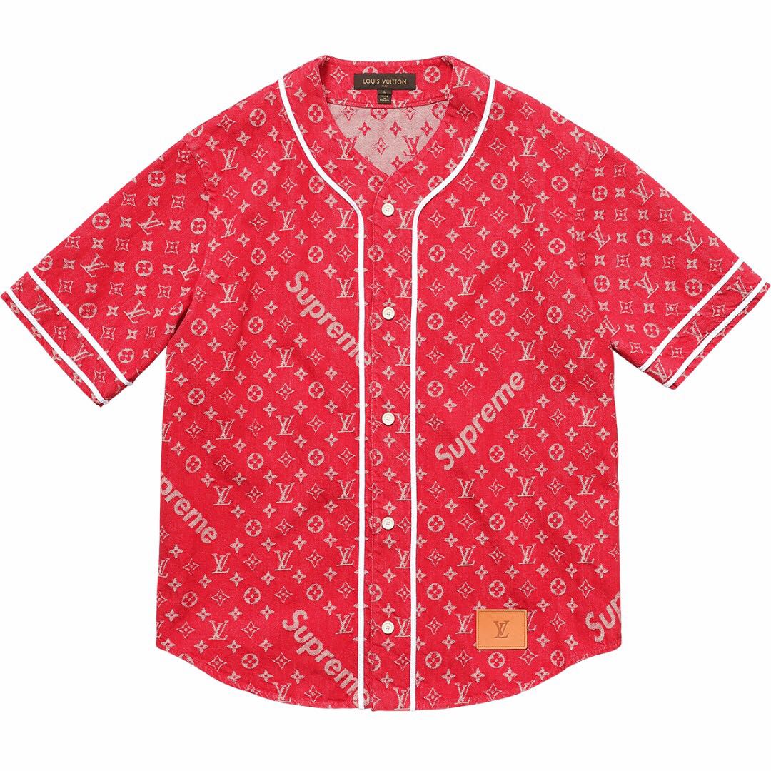 LV x Supreme- Jacquard Denim Red/Blue Baseball Jersey, Men&#39;s Fashion, Clothes on Carousell
