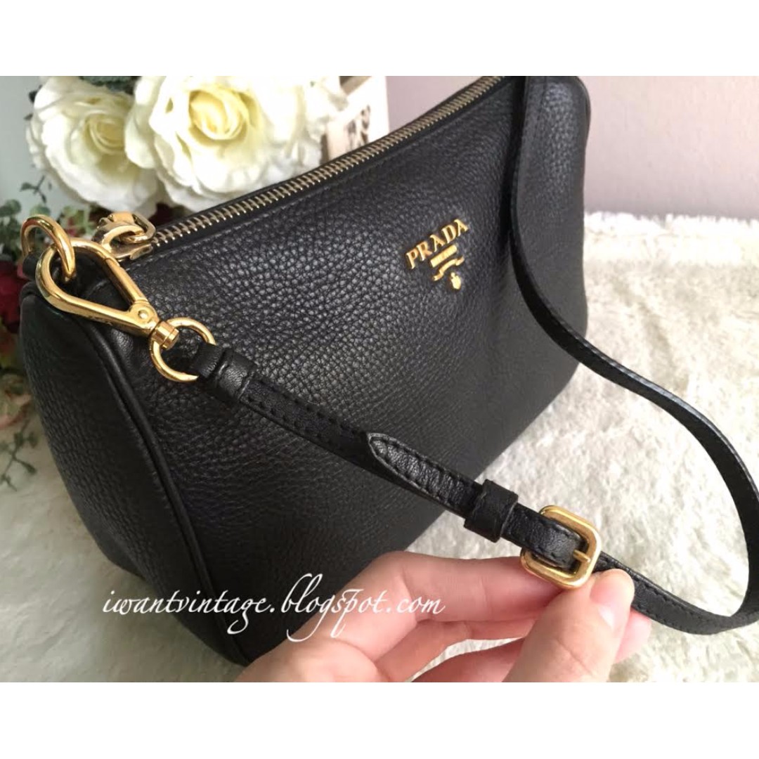 Prada Black Leather Vitello Daino Pochette Bag 1N1620 - Yoogi's Closet