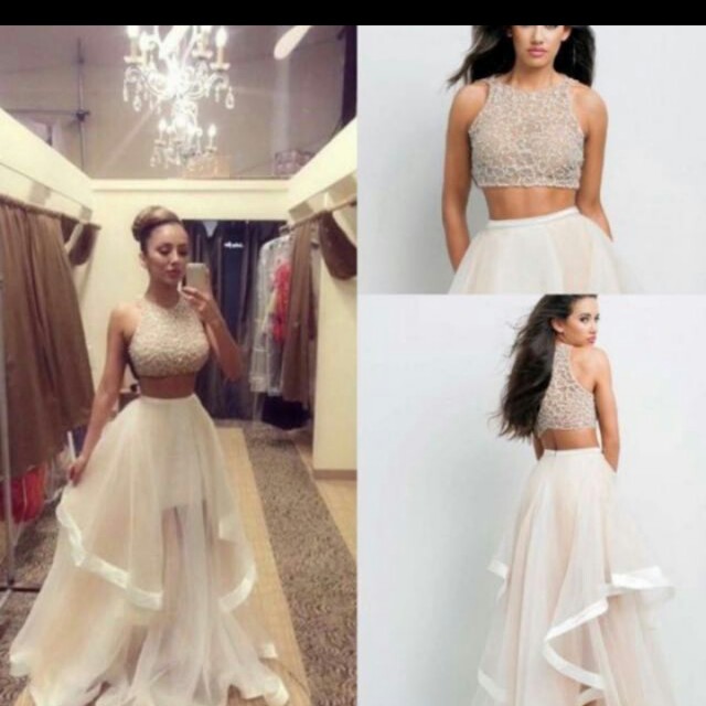white and gold two piece prom dress