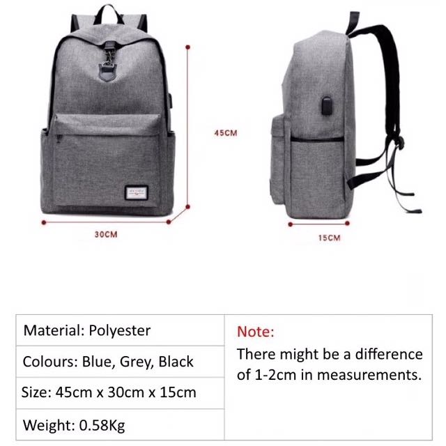 Backpack (Category: Backpacks) located in Singapore. Submitted by dontaskme123 (Listing ID 136437633, Image 2). Description: Backpack with Charging Port Holding your portable charger while charging on the move is so troublesome. What if there is a way to simplify that? Introducing this bag with a USB charging port. Just connect your portable charger* to the wire on the inside of your bag and then connect you phone to the port on the bag and charg