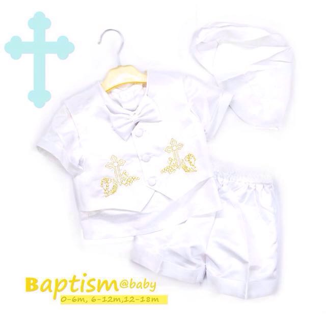 Baby Boy Baptismal Christening Outfit Set With Gold Cross Lining