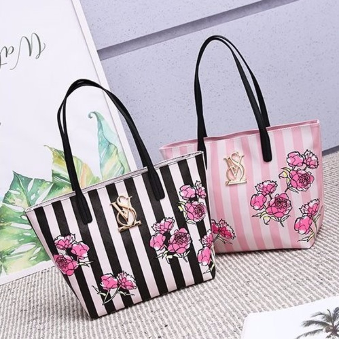 Instock VS Victoria's Secret Roses Tote Bag (Black Stripe, Pink