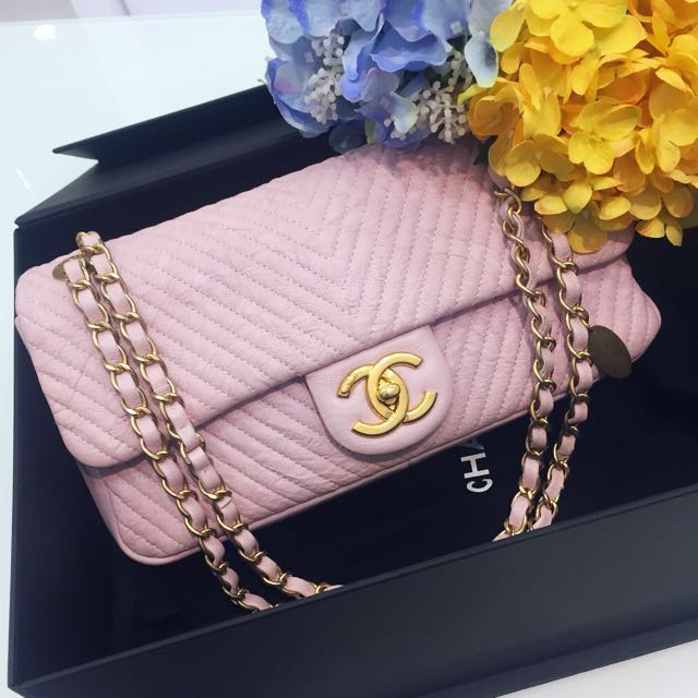 SOLD Full Set Excellent Condition Chanel Cruise Medium Chevron Herringbone Flap Bag In Pastel Pink Distressed Lambskin and Matte GHW Luxury Bags Wallets on Carousell