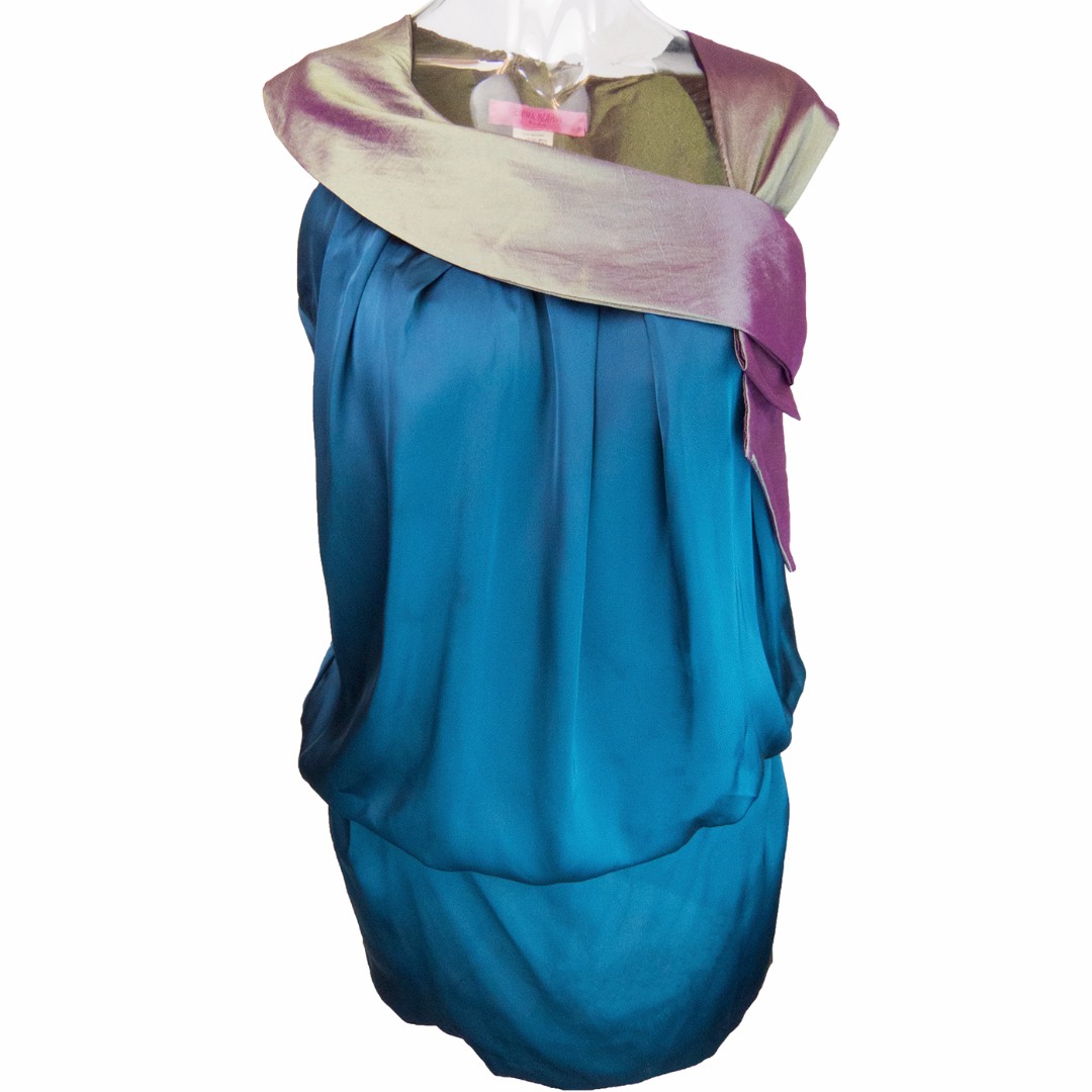 義大利品牌Emma marni湖藍色緞面抓褶設拼接無袖洋裝 照片瀏覽 1