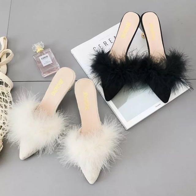 PO]Furry Fur Slip On Mules Heels 