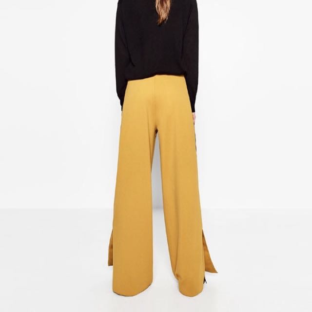 Zara Wide Leg Yellow Pants with Black Stripe Women s Fashion