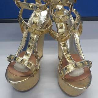 BEBE Gold Stud Gladiator Wedge