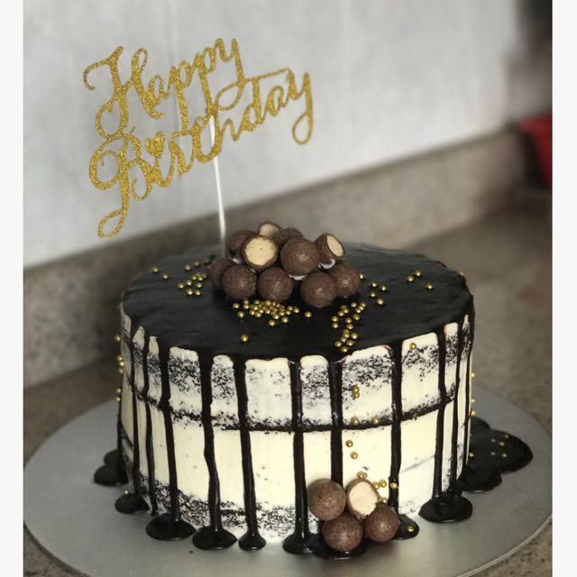 Customized High Chocolate Drip Cake With Rustic Look Topped With Gold Gragees Tags Frosted Cake Chocolate Birthday Cupcake Party Food Drinks Baked Goods On Carousell