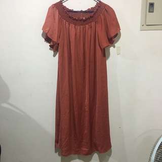 平口橘色質感洋裝