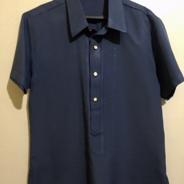 2 Navy Blue Polo Barong, Men's Fashion, Tops & Sets, Formal Shirts on ...