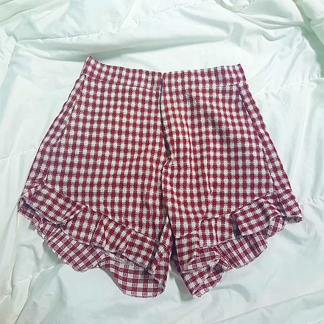 Red Gingham Plaid Checkered Ruffle High Waisted Shorts Harajuku