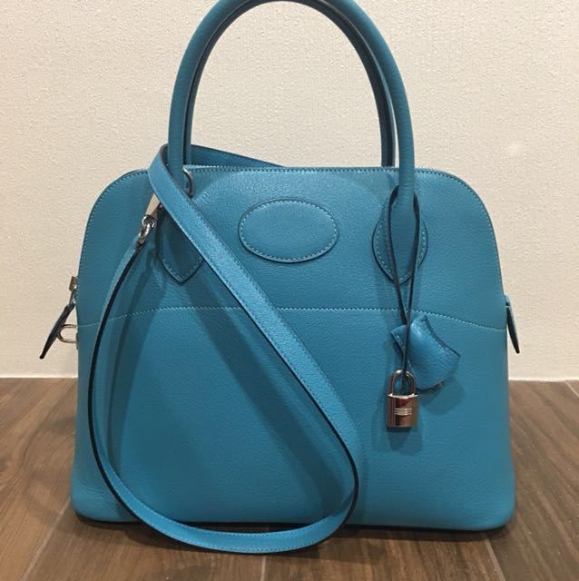Hermes 31cm Turquoise Chevre Mysore Leather Palladium Plated Bolide Bag -  Yoogi's Closet