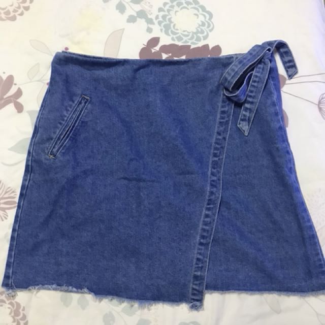 denim wrap tie skirt
