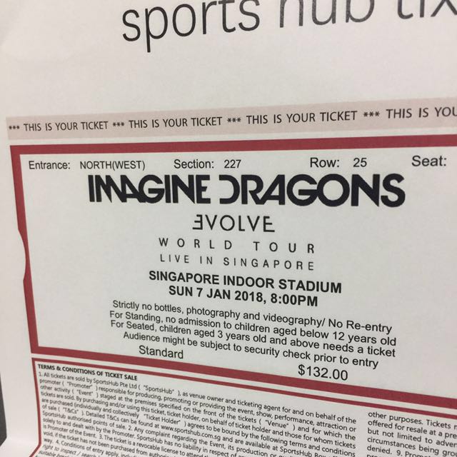 Imagine Dragons Evolve World Tour in Singapore Tickets x 2, Tickets