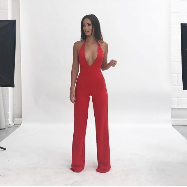 backless red jumpsuit